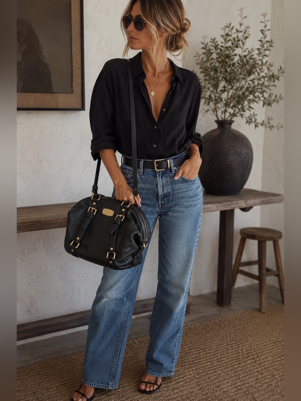 Michael Michael Kors Bags Black Bedford Belted Leather Satchel Medium